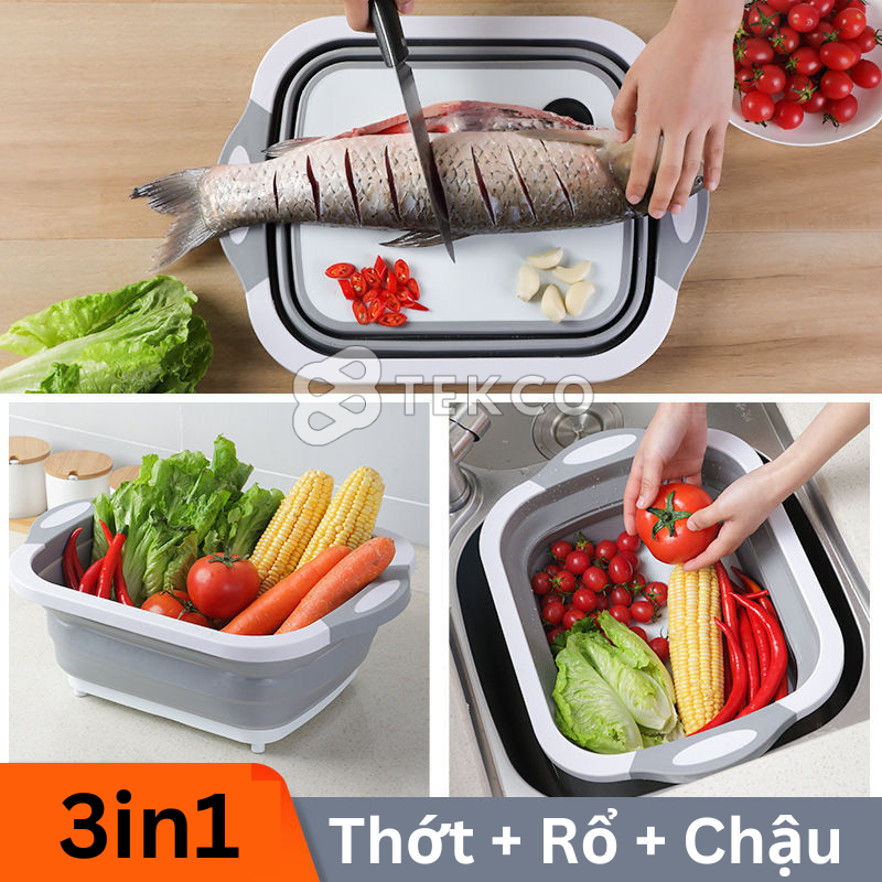 THAU CHẬU NHỰA GẤP GỌN KIÊM THỚT VÀ RỔ ĐỰNG 3IN1 SIÊU TIỆN LỢI - RỔ GẤP GỌN ĐA NĂNG